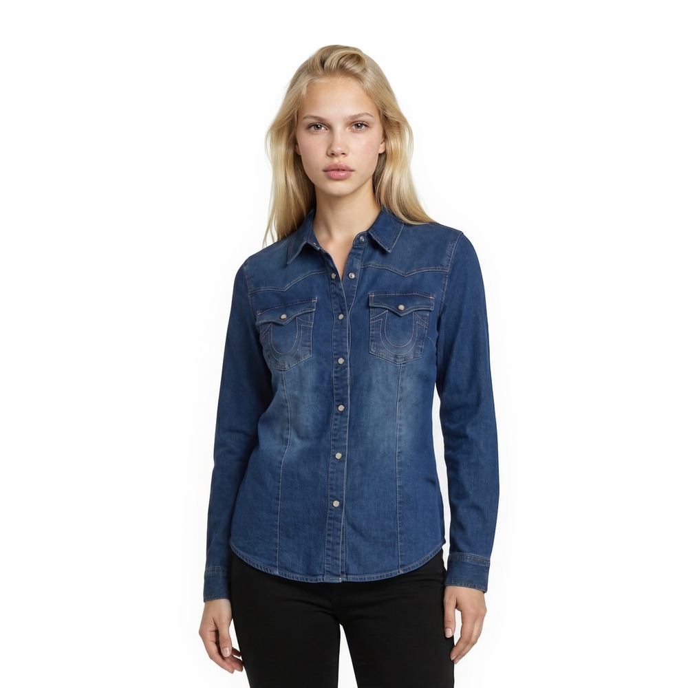 True Religion Western Blue‎ Denim Shirt Top Women's Size XL Pearl Snap